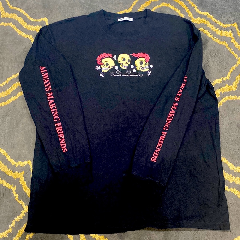 Zara Black Long Sleeve T Shirt “Always Making Friends” Size Large 🖤 Skull Shirt